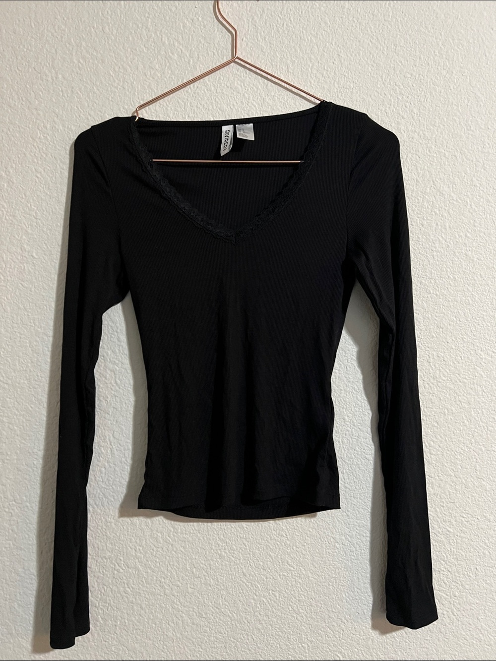 Divided Black Long Sleeve V-Neck Lace Trim Top